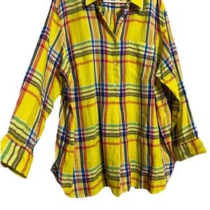Ralph Lauren Yellow Plaid Shirt with Red and Blue 100% linen shirt women 3X